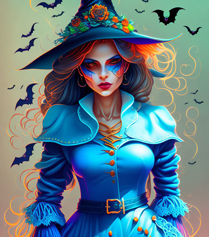 Colorful Witch Illustration with Blue Skin and Bats