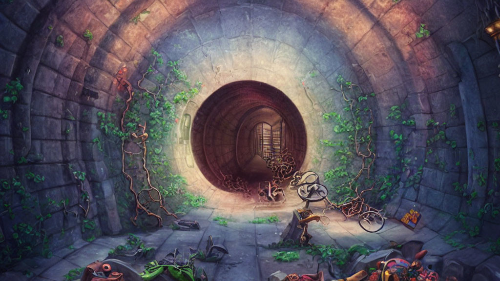 Illustrated tunnel with ivy-covered walls, circular opening, debris, and mysterious light.