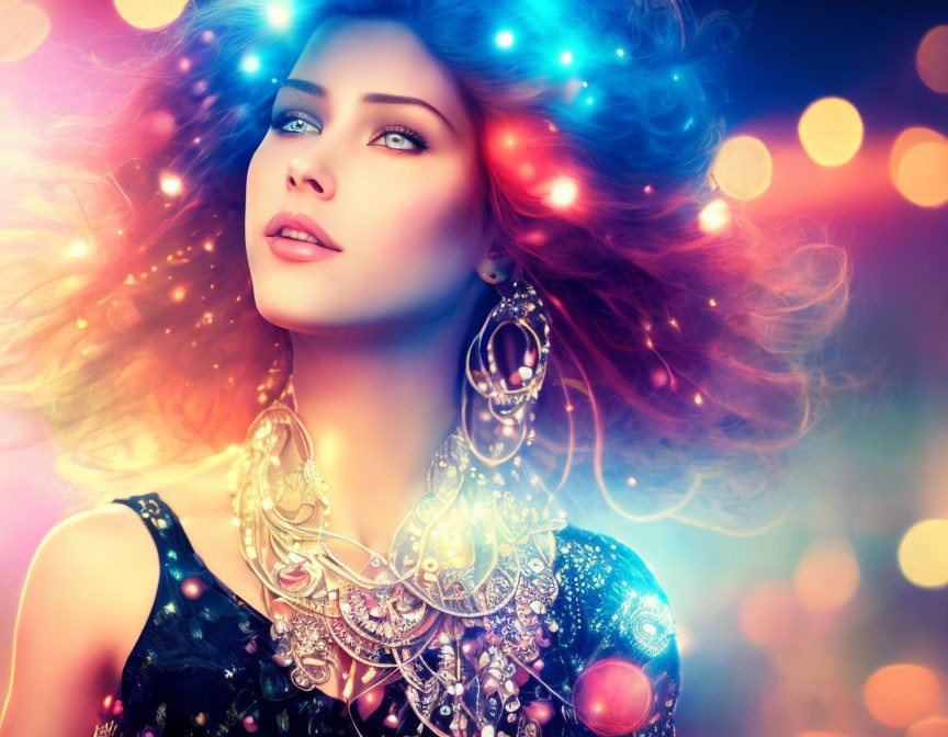 Vibrant woman with flowing hair and blue eyes against colorful bokeh background