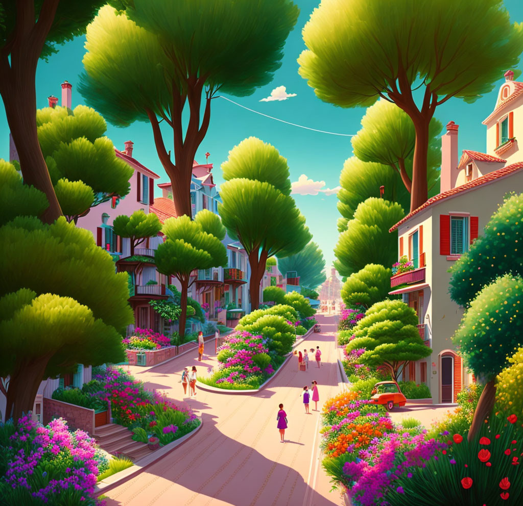 Colorful houses and lush trees on vibrant street scene