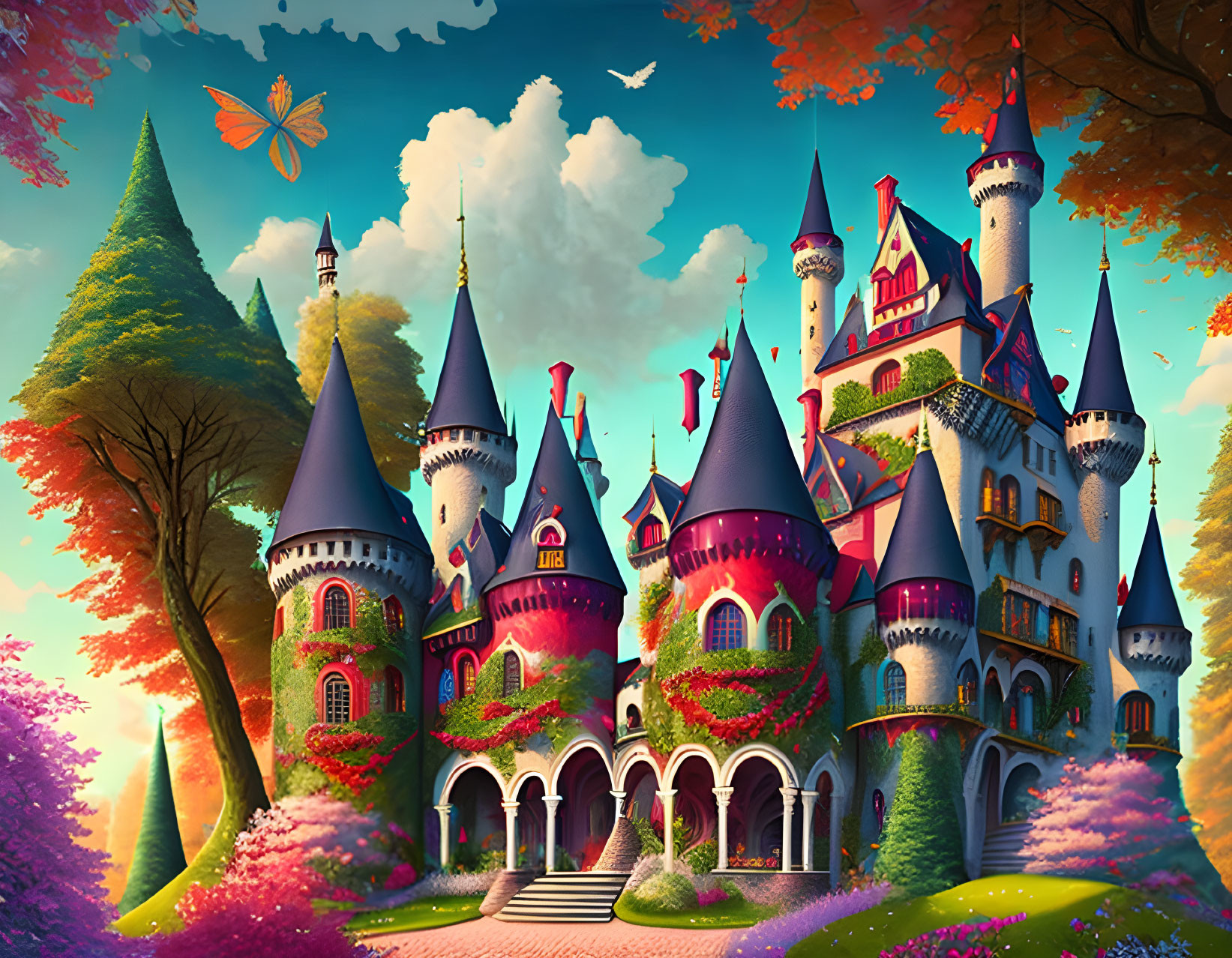 Fantasy castle with spires and turrets in lush autumn setting