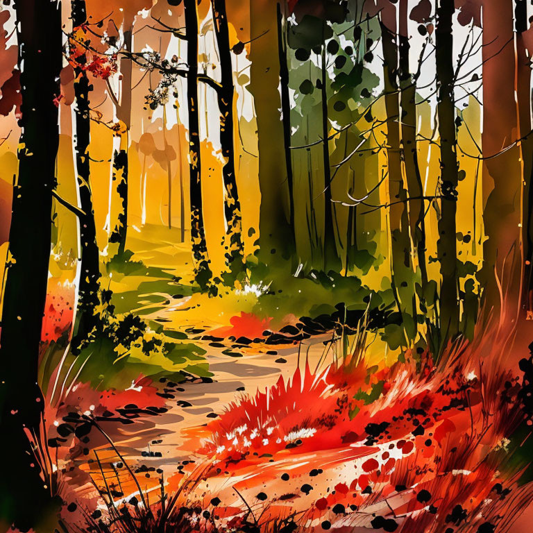 Colorful forest clearing with vibrant reds, oranges, and yellows in a painterly style