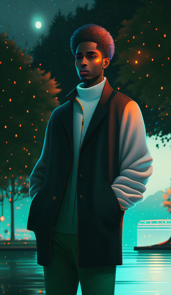 Stylized digital artwork: Young man with afro in nighttime park.