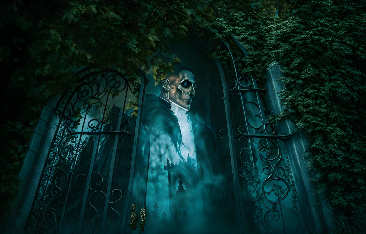 Glowing-eyed figure behind vine-covered gate in misty landscape