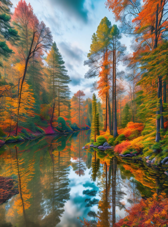 Autumn river scene with colorful trees and blue sky