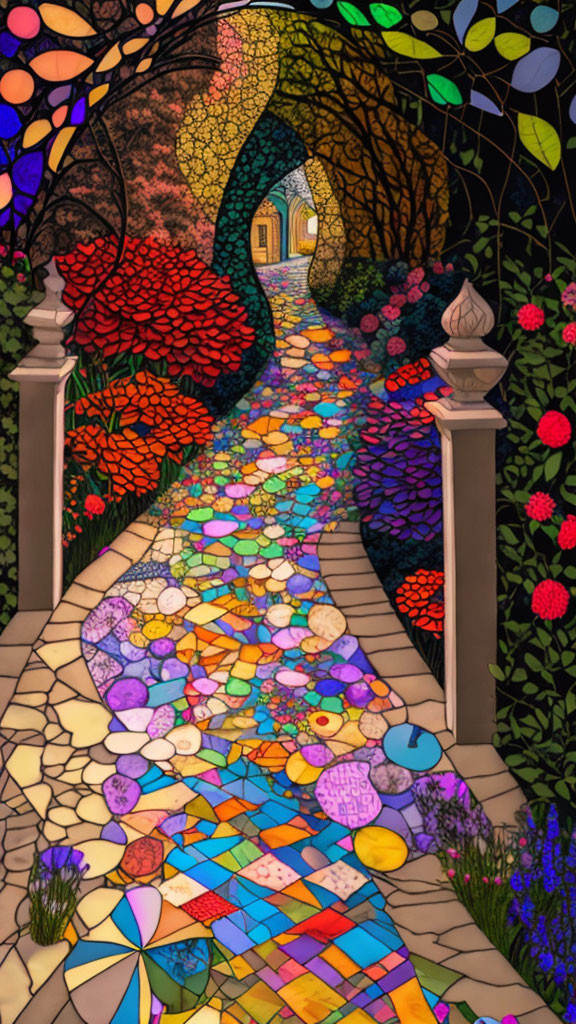 Colorful Mosaic Pathway in Lush Garden with Flowers and Stone Gateway