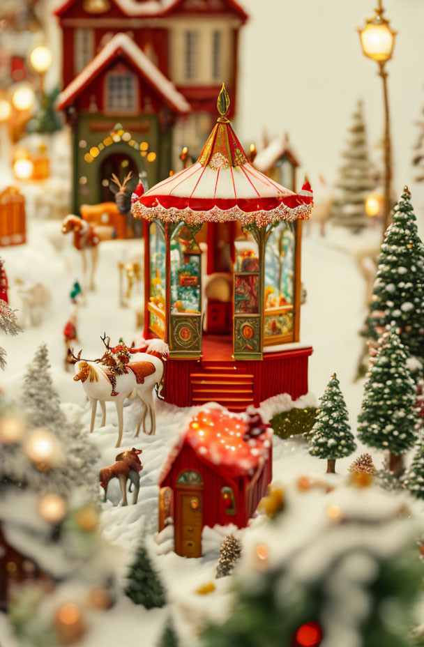 Miniature Christmas village scene with carousel, snow-covered trees, streetlamps, and reindeer.