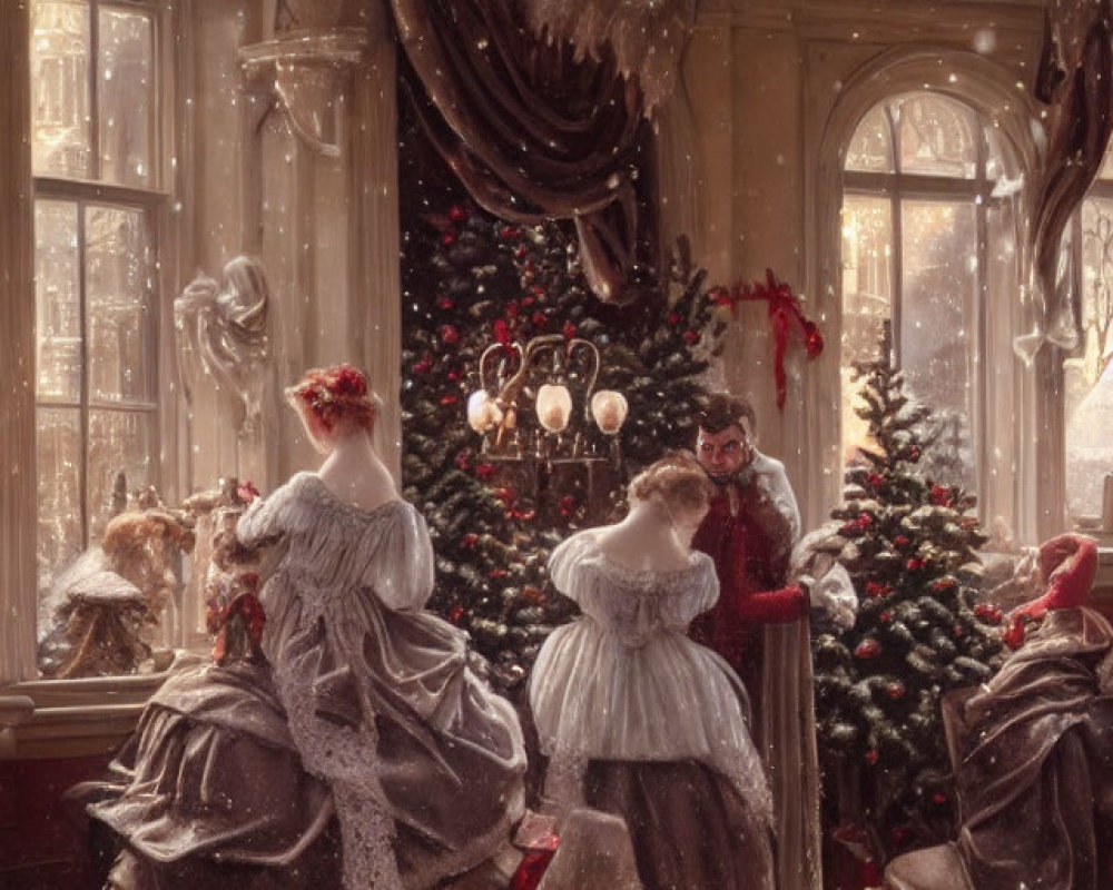 Victorian-era Christmas scene with elegantly dressed people decorating a tree.