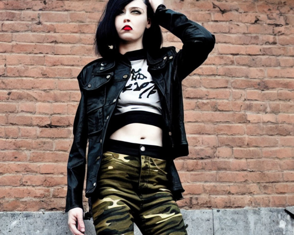 Black-haired woman in leather jacket against brick wall in cropped top and camo pants