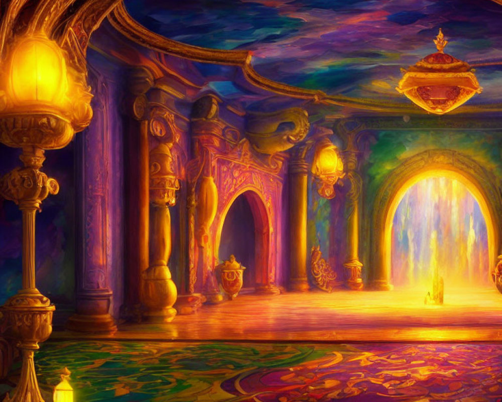 Colorful Palace Interior with Arched Doorways & Glowing Lanterns