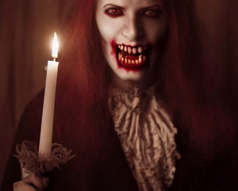 Red-haired spooky figure with sharp teeth holding a candle in dark, eerie setting