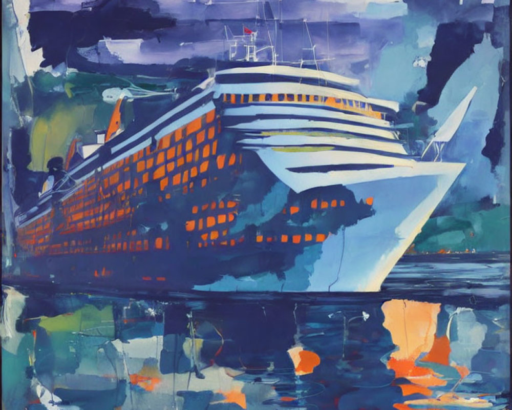 Colorful Abstract Painting: Large Cruise Ship at Sea