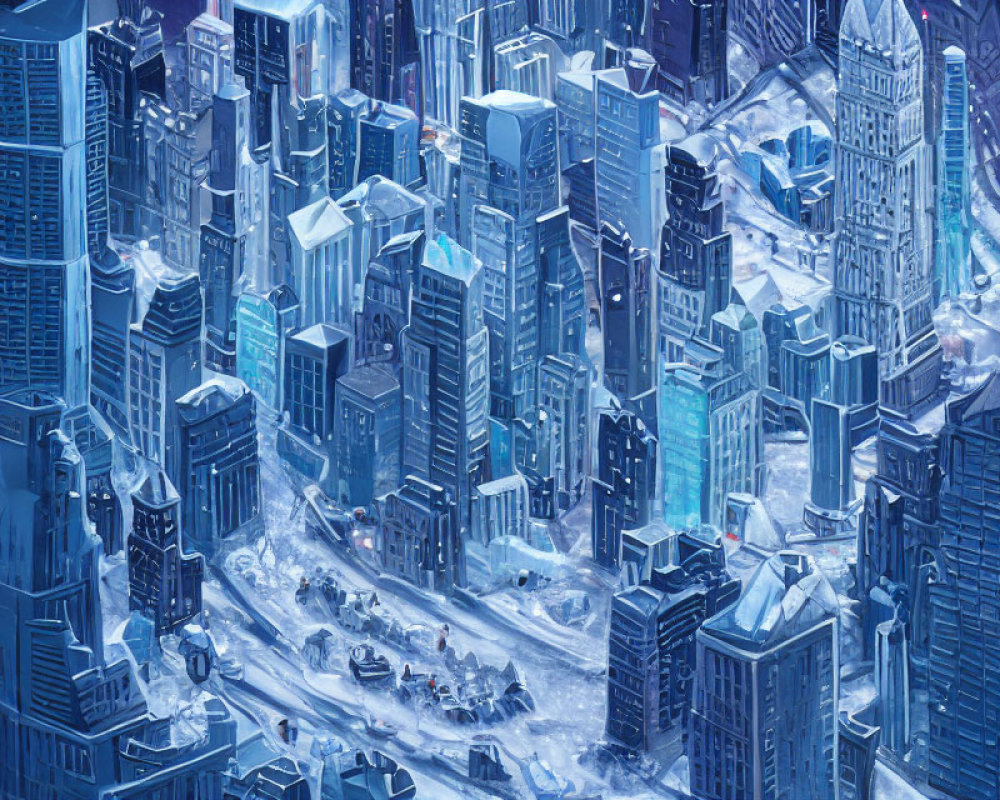 Icy Blue Futuristic Cityscape with Snow-Covered Streets