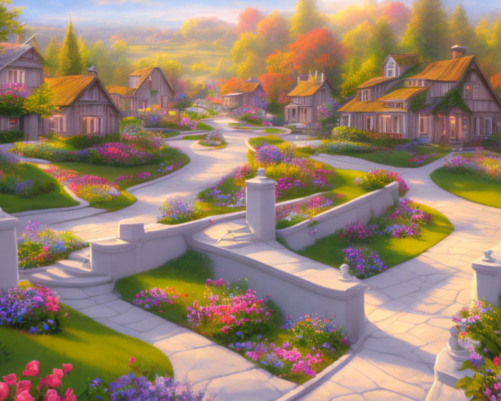 Picturesque village with quaint houses, lush gardens, and golden light.