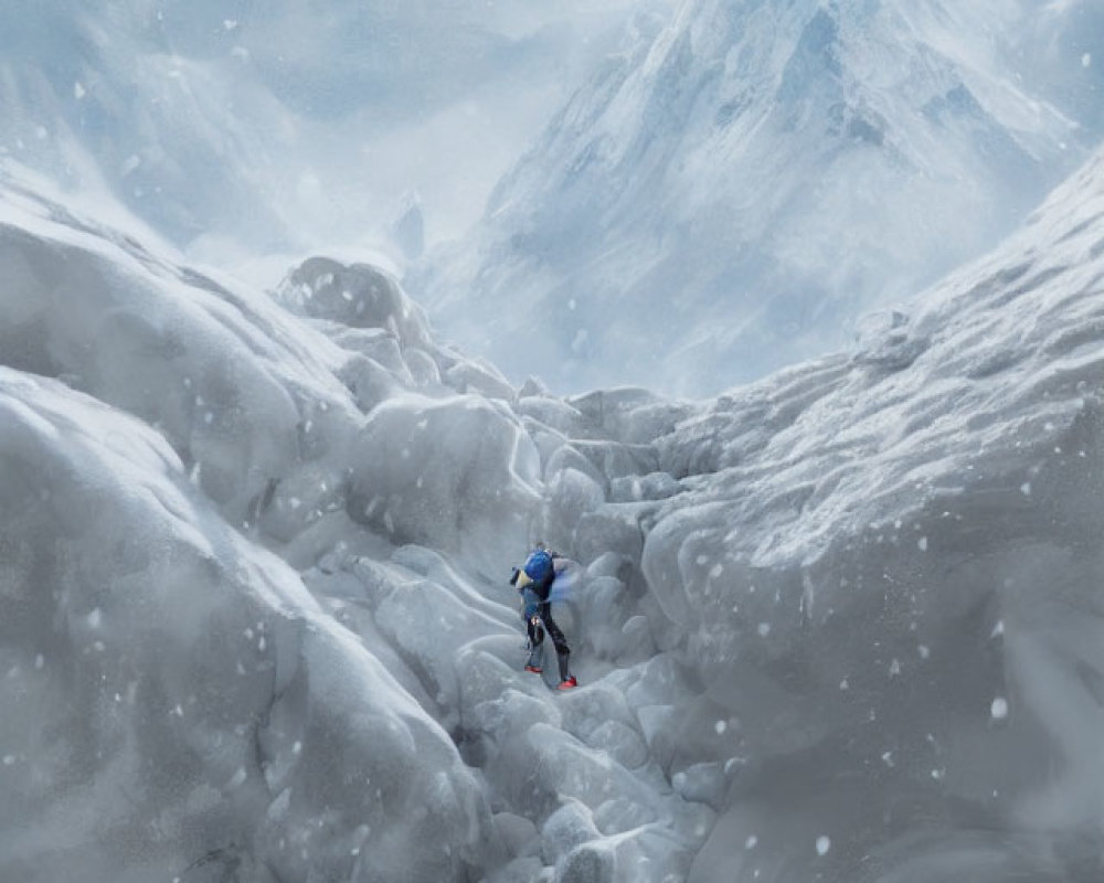 Snow-covered mountain path with lone climber and falling snowflakes.