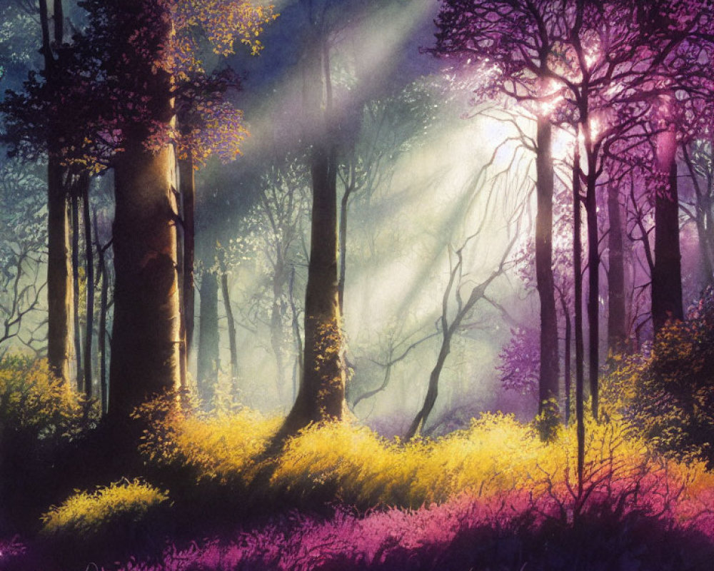 Sunlit mystical forest with vibrant purple and yellow flora