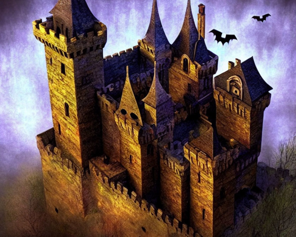 Gothic Castle with Bats in Purple Dusk