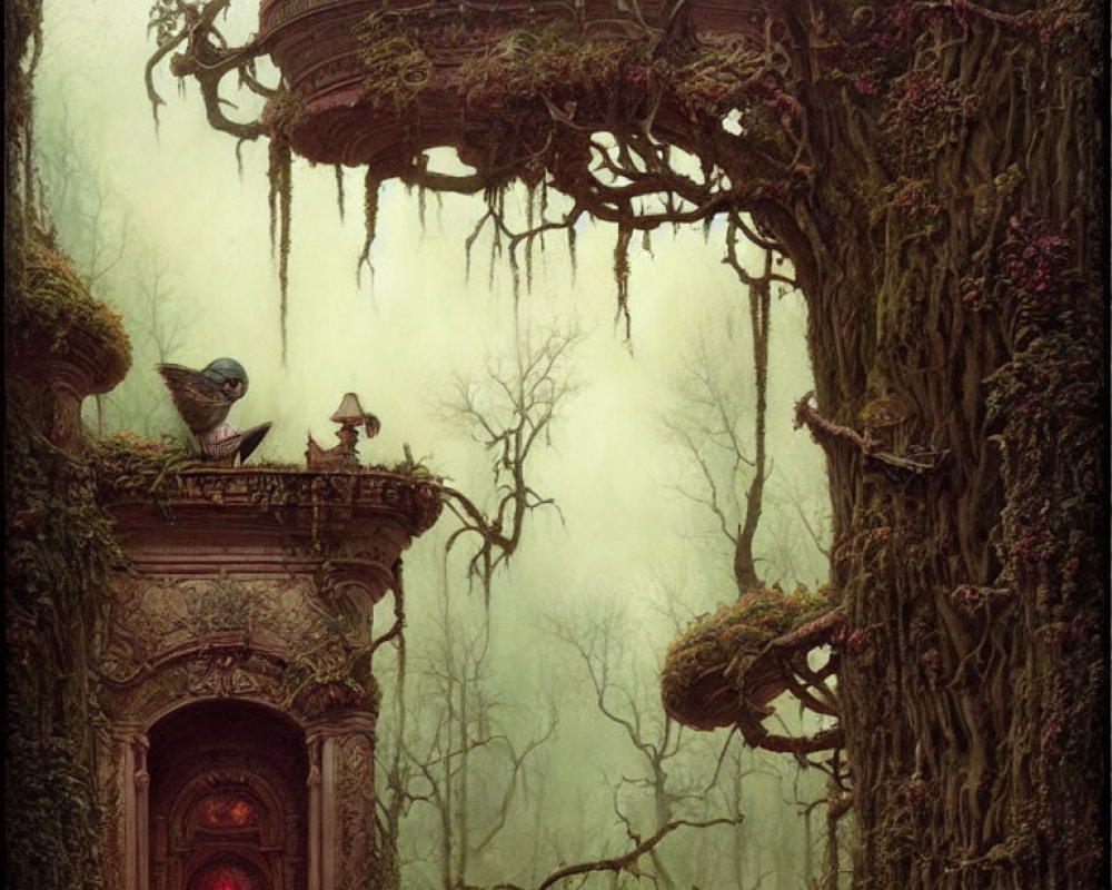 Woman on moss-covered path in misty forest with pigeon near ornate archway