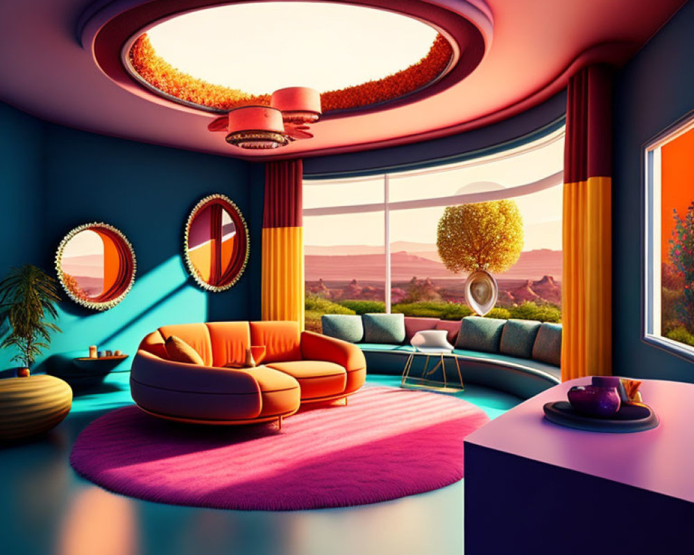 Colorful retro-futuristic living room with circular sofa and desert view