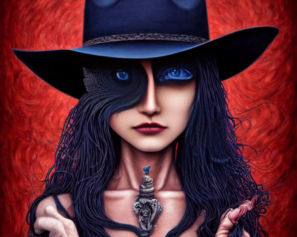 Vibrant red hair, wide-brimmed hat, mask-like alteration: surreal portrait details