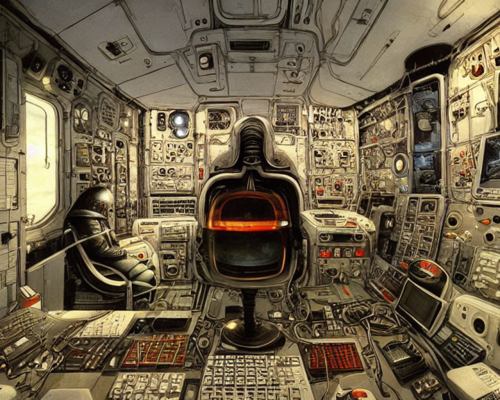 Detailed Futuristic Spaceship Cockpit with Buttons, Screens, and Pilot Chairs