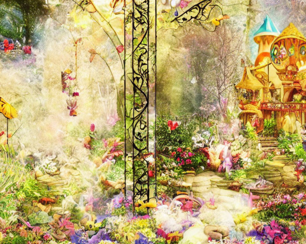 Enchanted garden scene with vibrant flowers, butterflies, and fairy-tale house