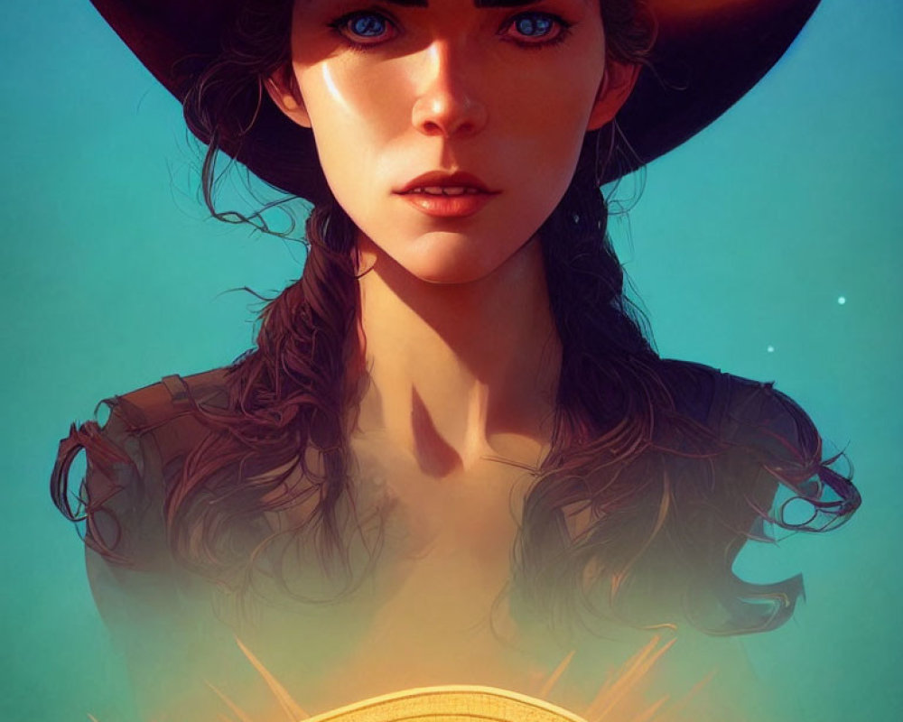 Woman with Blue Eyes and Brown Hat in Digital Artwork on Teal Background