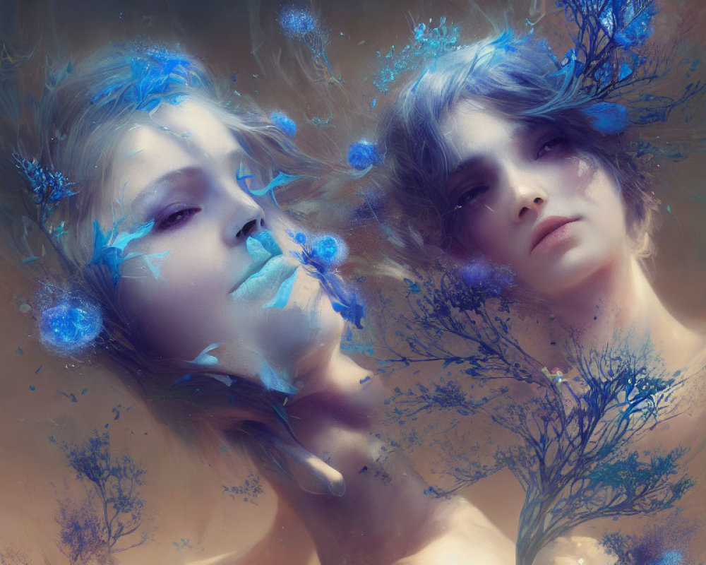 Ethereal figures with blue floral and botanical elements intertwined in hair and skin