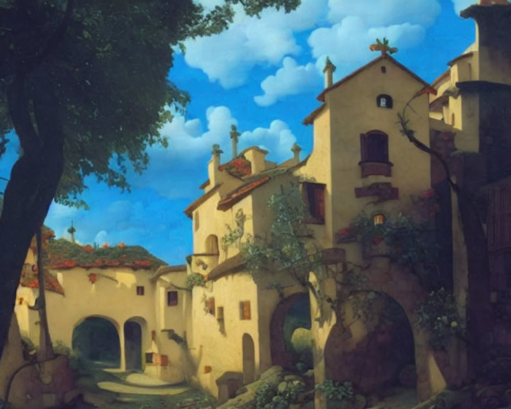 Tranquil medieval village painting with stone houses and lush tree