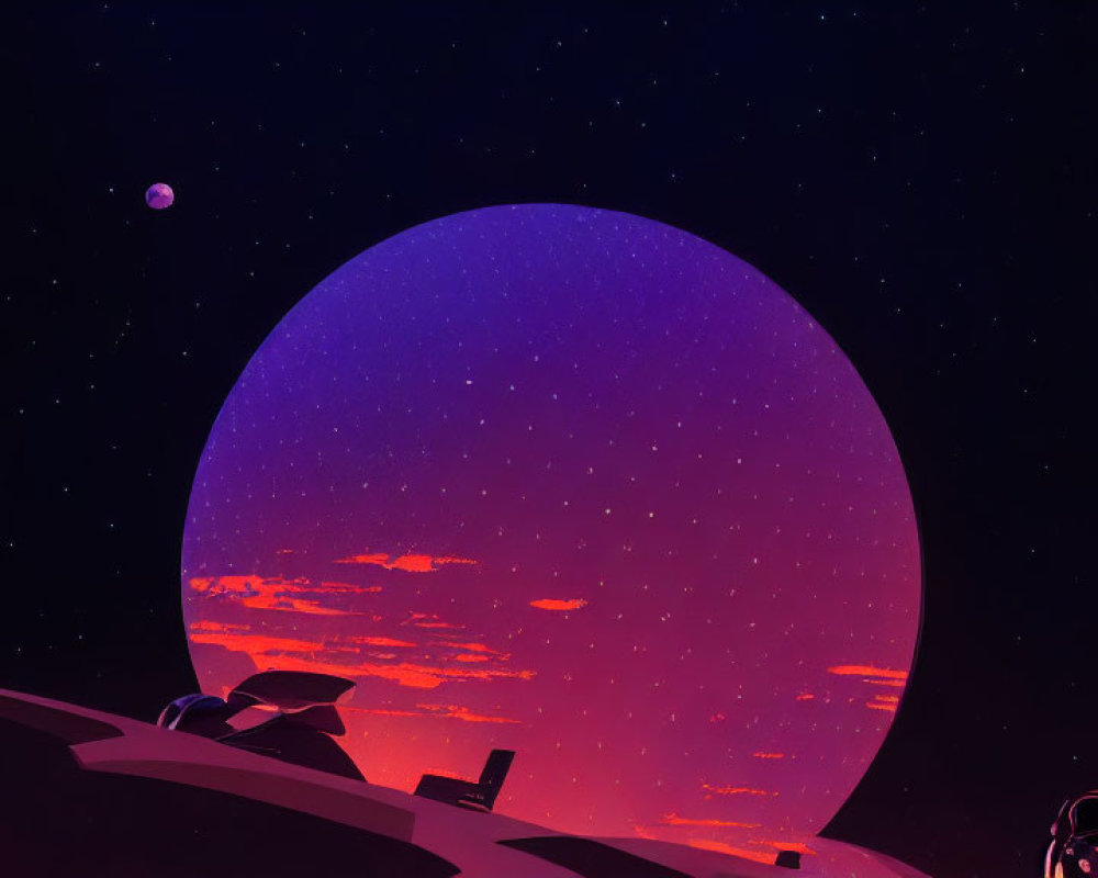 Surreal landscape with large purple planet and telescope under starry sky