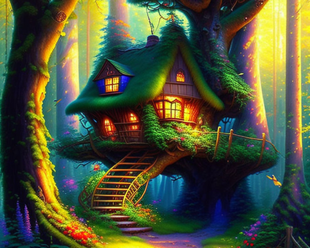 Illustration of Cozy Treehouse in Enchanted Forest