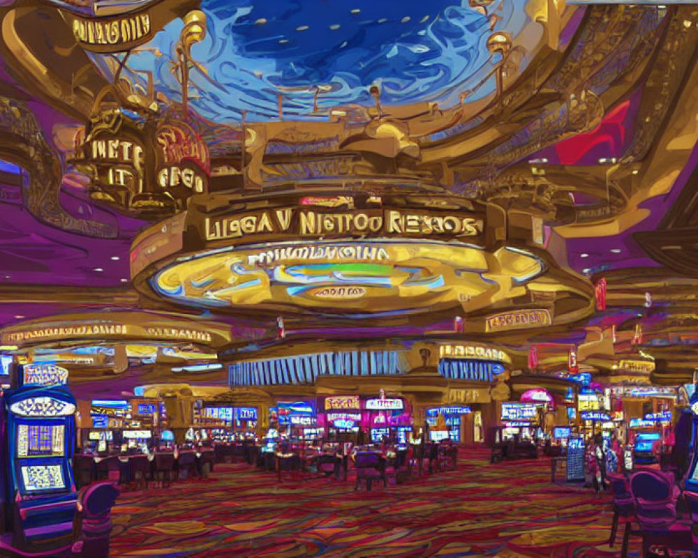 Colorful Casino Interior with Slot Machines and Ornate Ceiling Mural