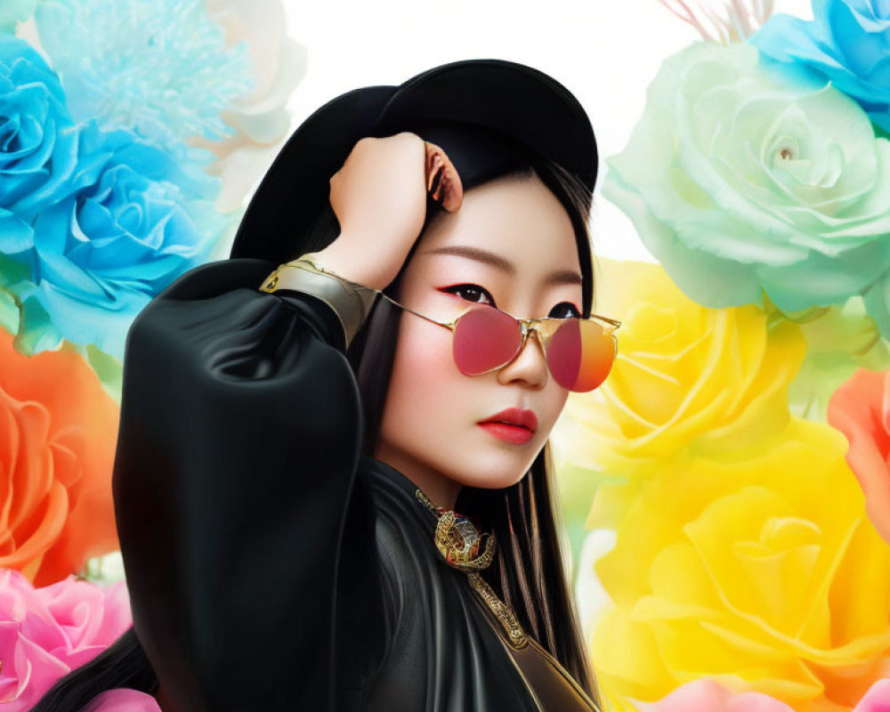 Fashionable person in black hat and sunglasses against colorful rose backdrop