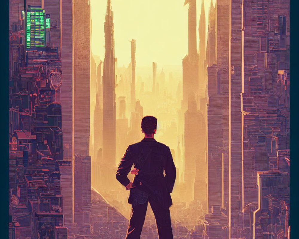 Futuristic cityscape with towering skyscrapers and golden light