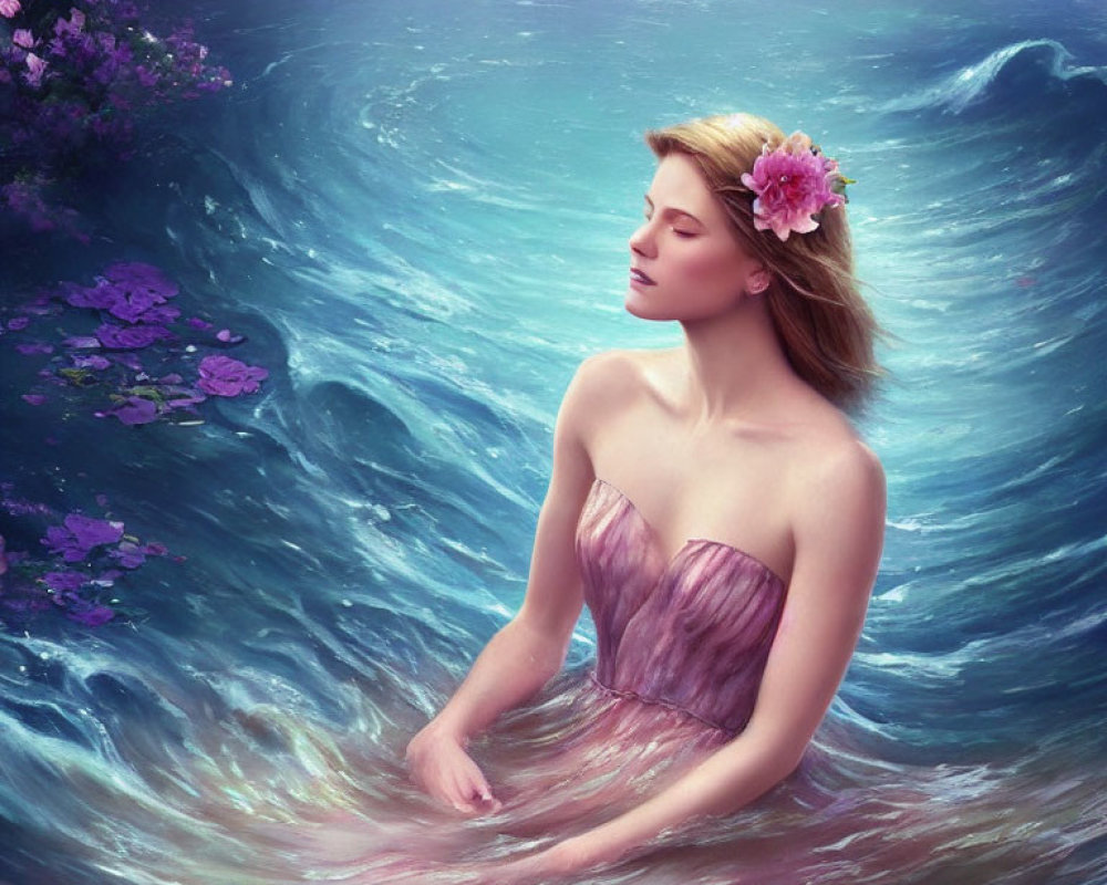 Woman in Purple Dress Blends into Floral Sea Landscape