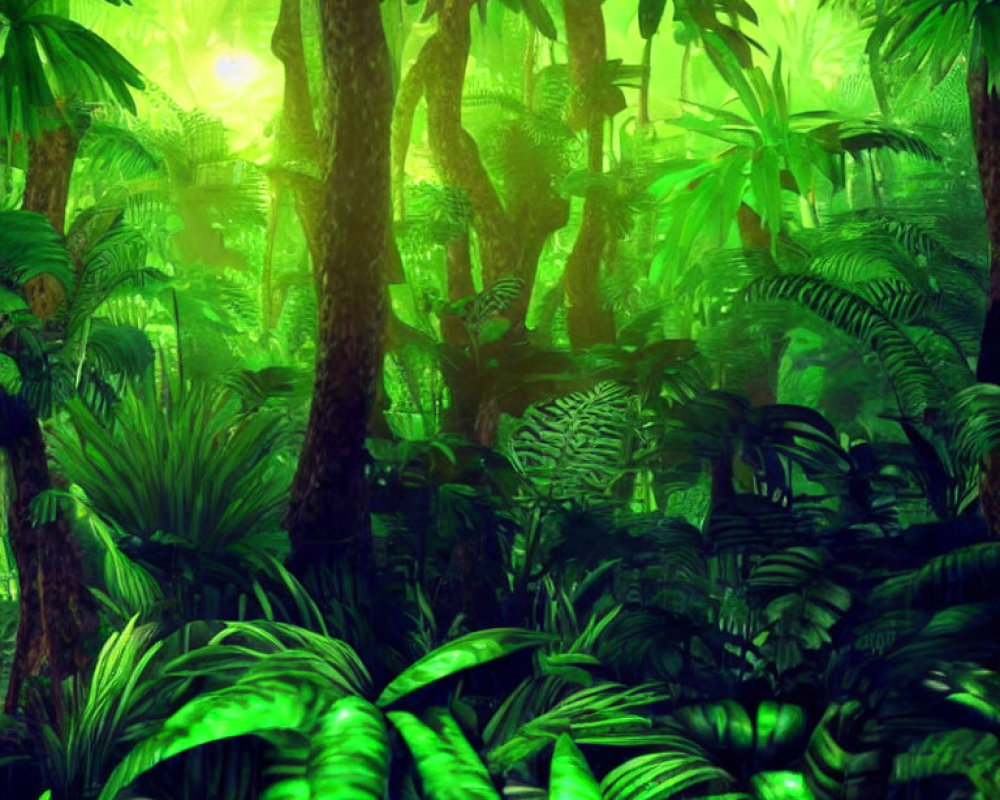 Tropical Jungle with Dense Foliage and Sunlight Filtering Through Canopy