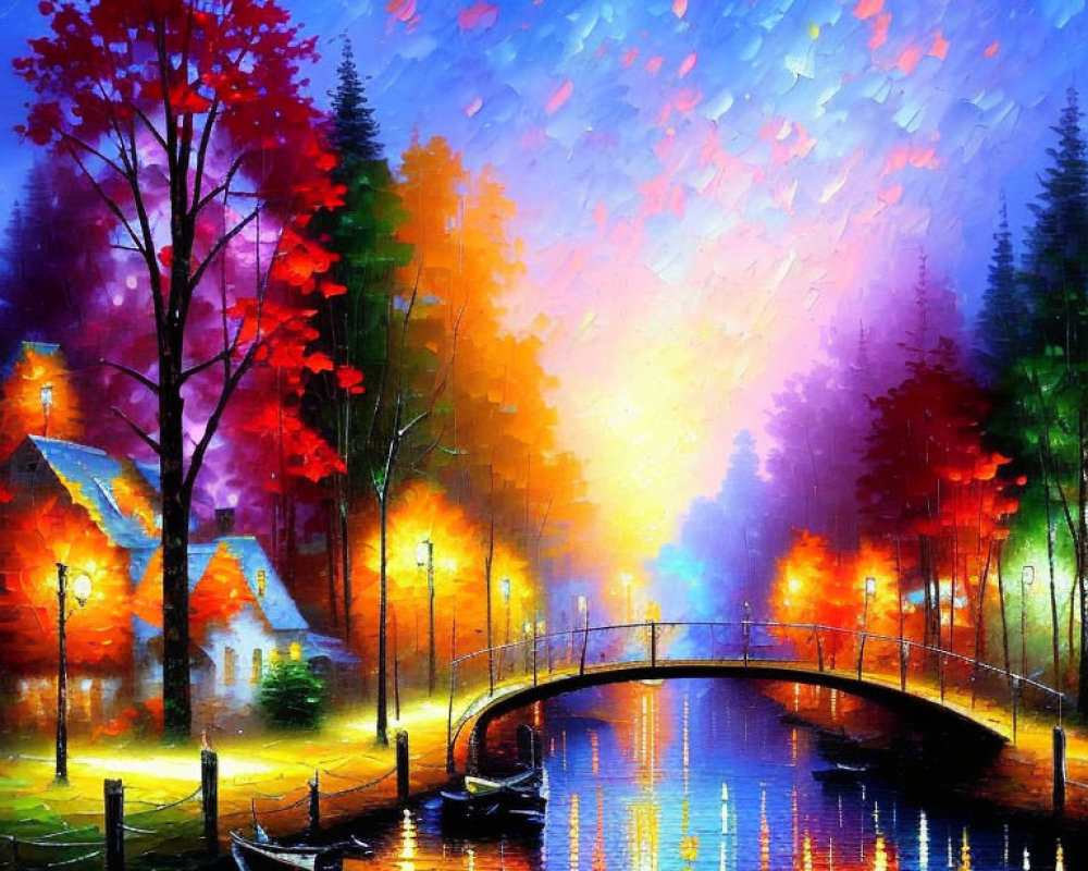 Colorful Autumn Riverside Scene with House, Bridge, Boats, and Starry Sky