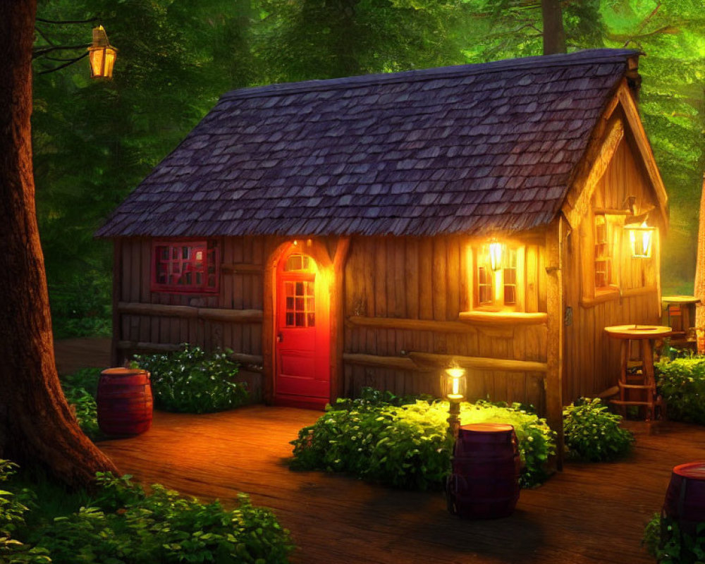 Wooden cottage with red door in lush forest at twilight