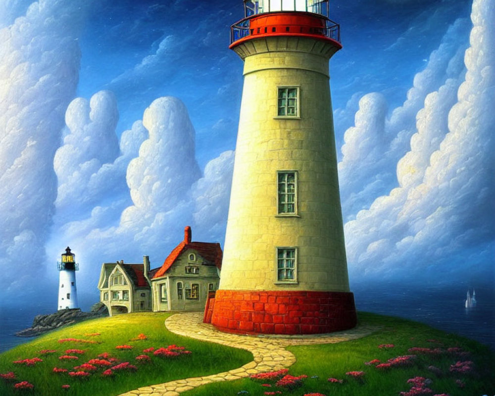 Lighthouse and House Painting with Moonlit Sky