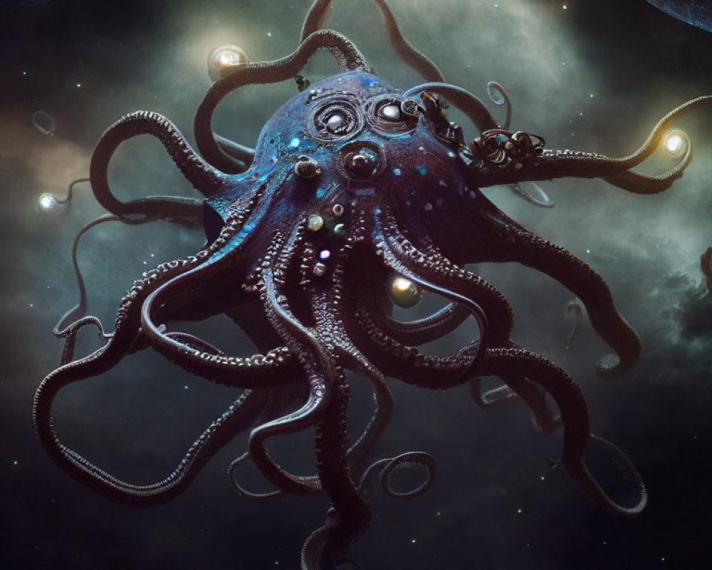 Mystical octopus digital artwork in dark cosmic space