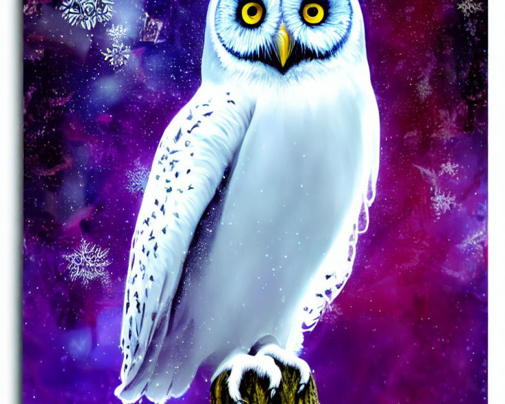 White Owl Perched on Stump in Cosmic Snowflake Scene