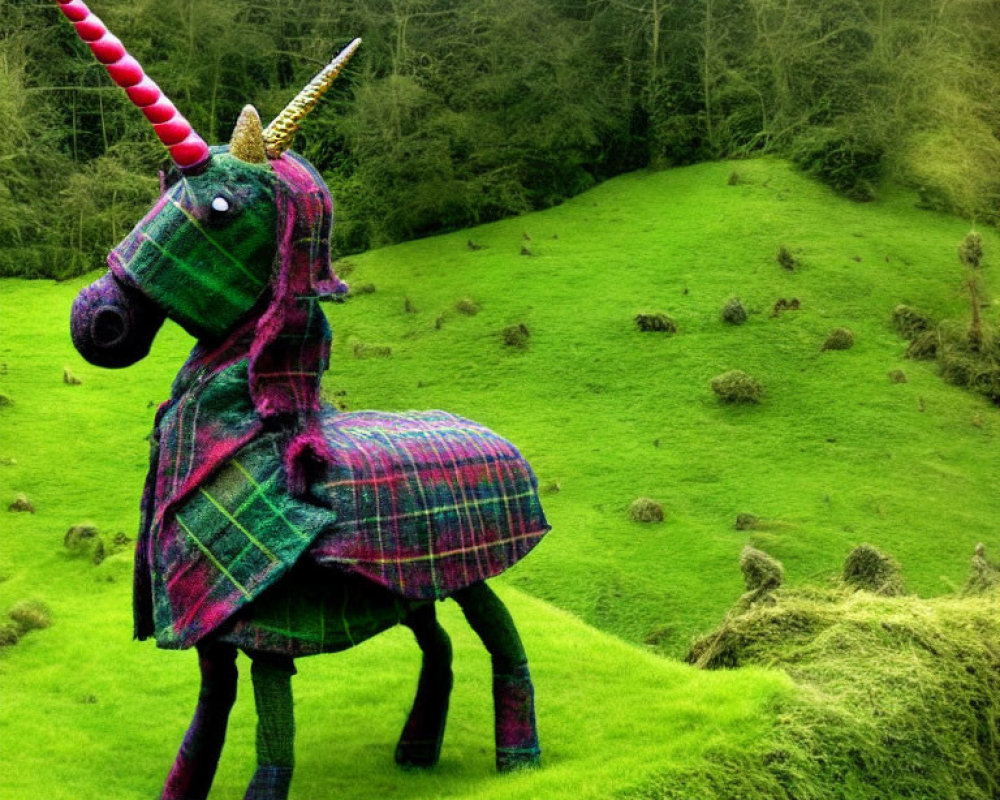 Colorful Tartan-Patterned Unicorn Sculpture on Green Hills