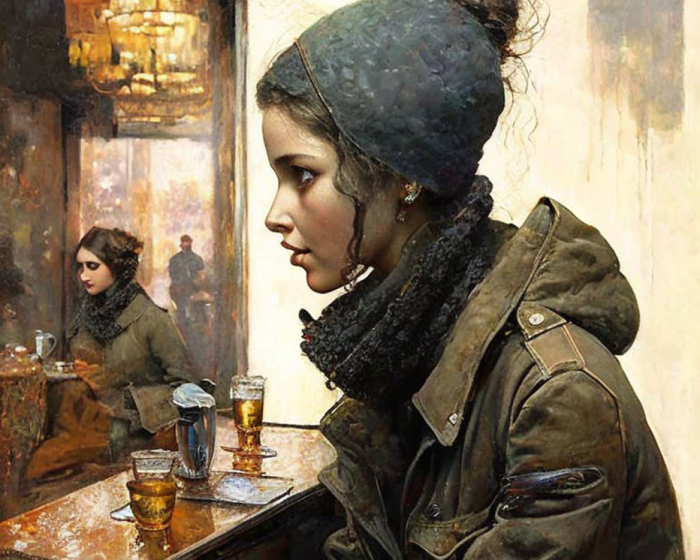 Pensive woman in warm hat and jacket gazes out café window with reflection of another person.