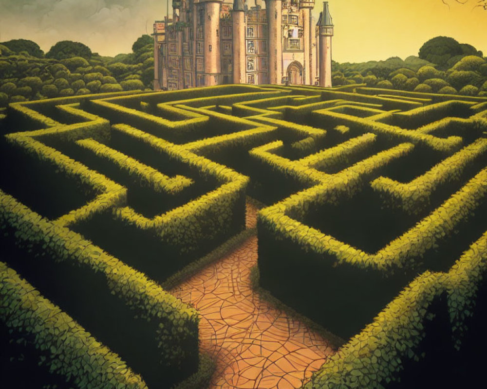 Majestic castle at the heart of a hedge maze under twilight sky