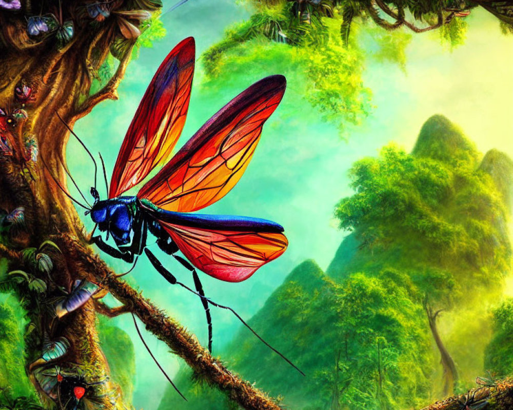 Colorful oversized butterfly on branch in vibrant forest scene.