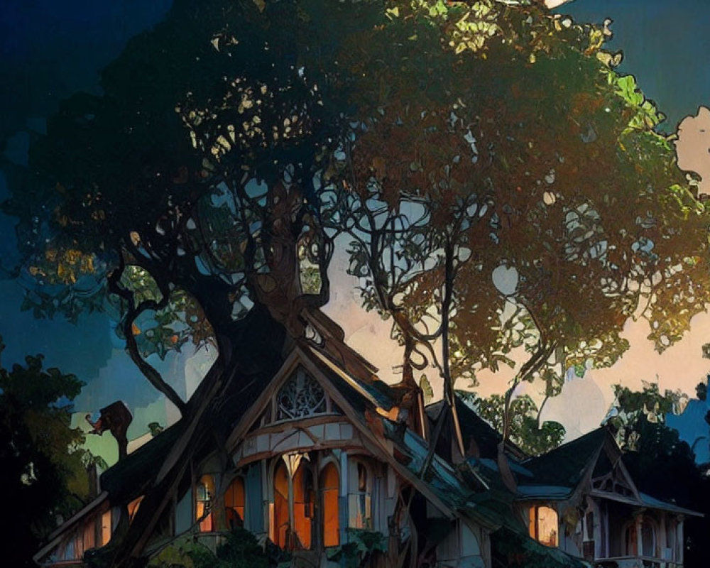 Illustration of grand tree over cozy cabin at twilight