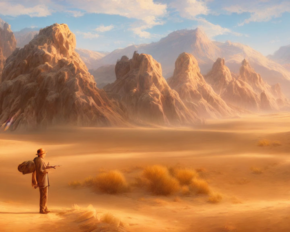 Traveler with staff and backpack in vast desert pointing towards misty mountains under golden sky