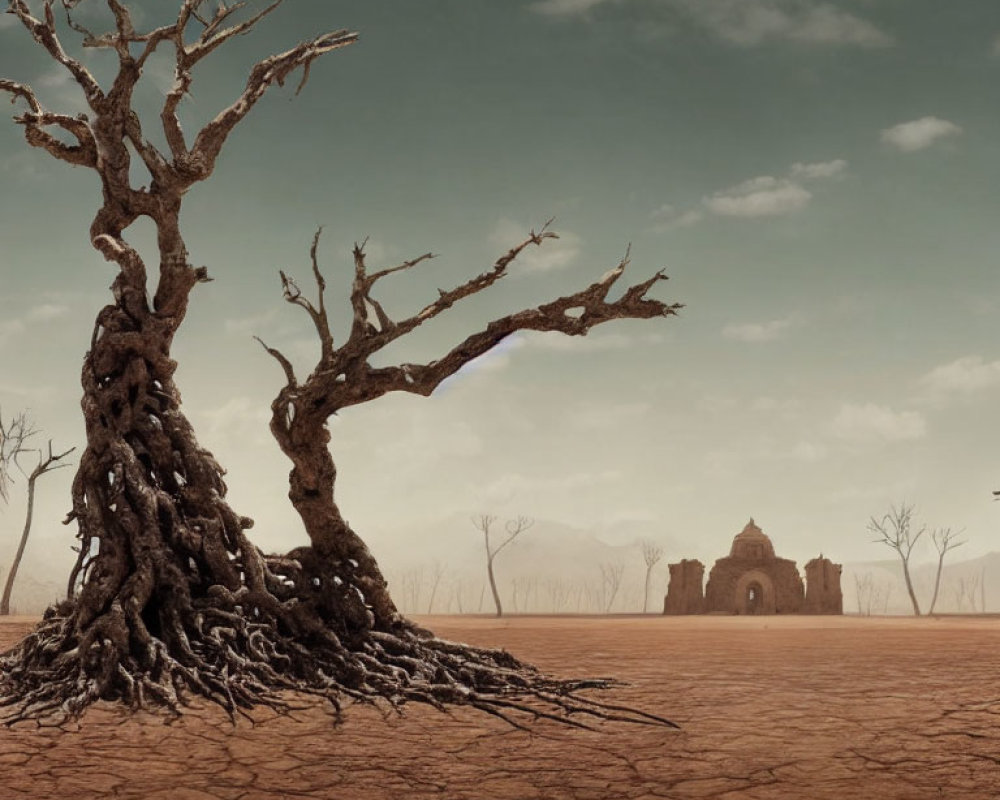 Desolate landscape with leafless trees and distant ruins under hazy sky