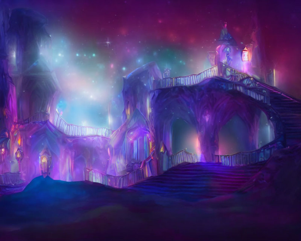 Fantastical castle with glowing windows under starry night sky and vibrant purple and pink hues