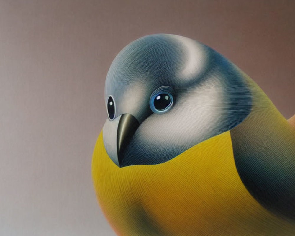 Gray-headed bird with white cheeks and black eyes on yellow body against gradient backdrop